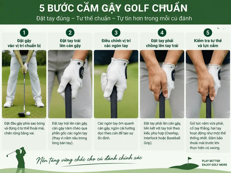 Các bước đặt tay và điều chỉnh tư thế khi thực hiện cách cầm gậy golf chuẩn.