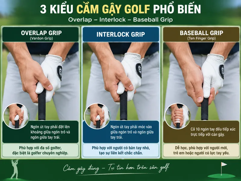 Ba kiểu cầm gậy golf phổ biến gồm Overlap, Interlock và Baseball Grip.